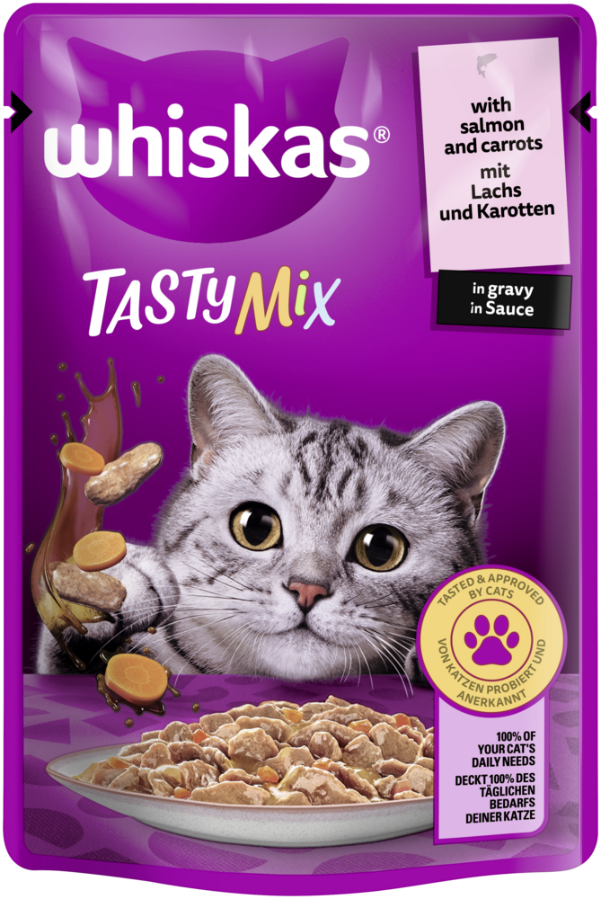whiskas Katzen-Nassfutter Tasty Mix Portionsbeutel mit Lachs und Karotten in Sauce